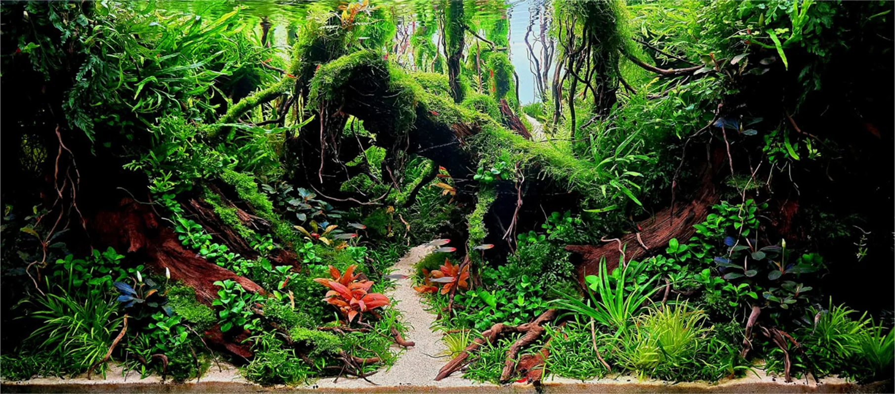 Acvariu plantat în stil Nature, sub lumină filtrată prin apă
